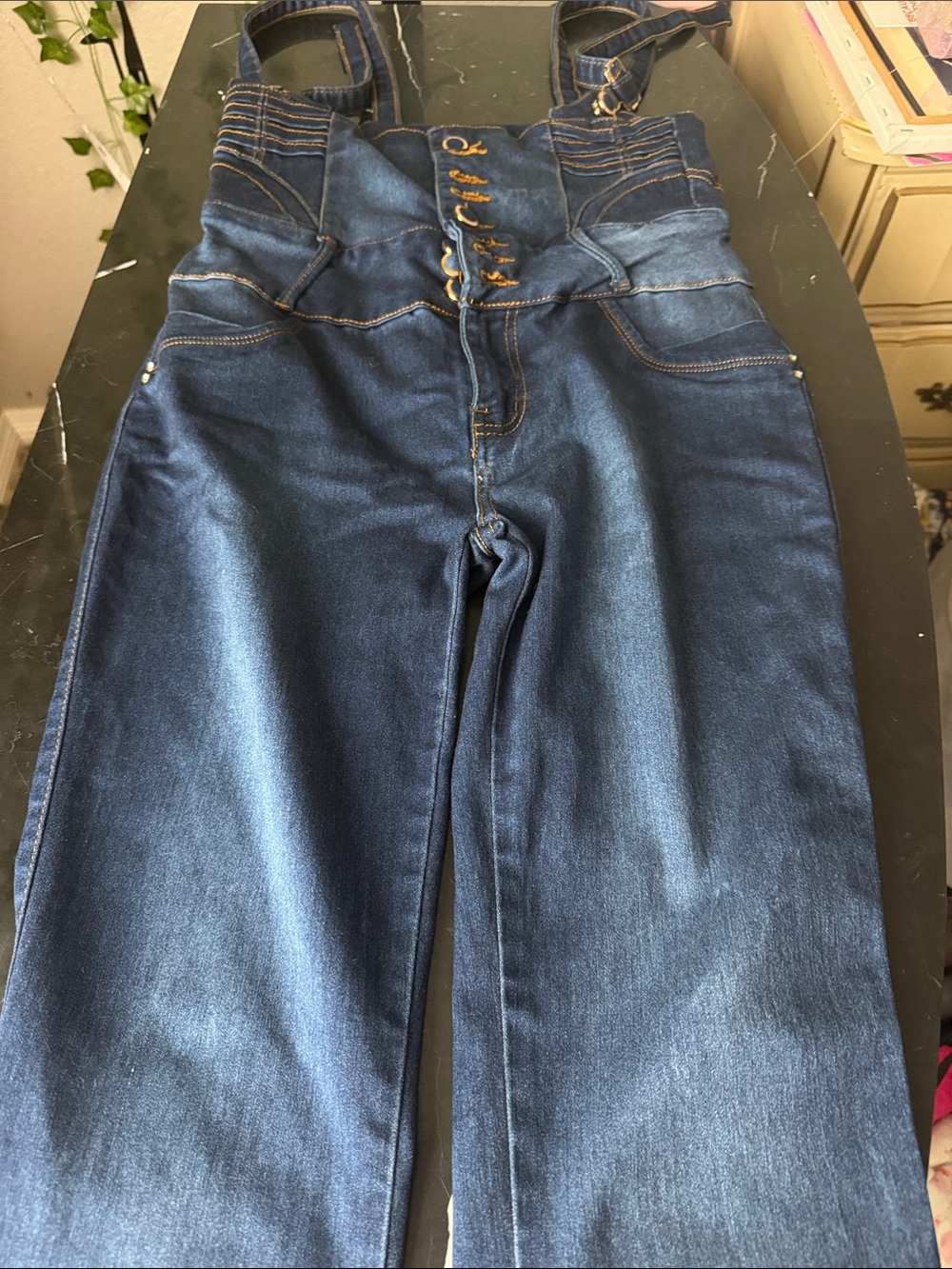 High-Rise Dark Blue Denim Women's Overalls with Adjustable Straps